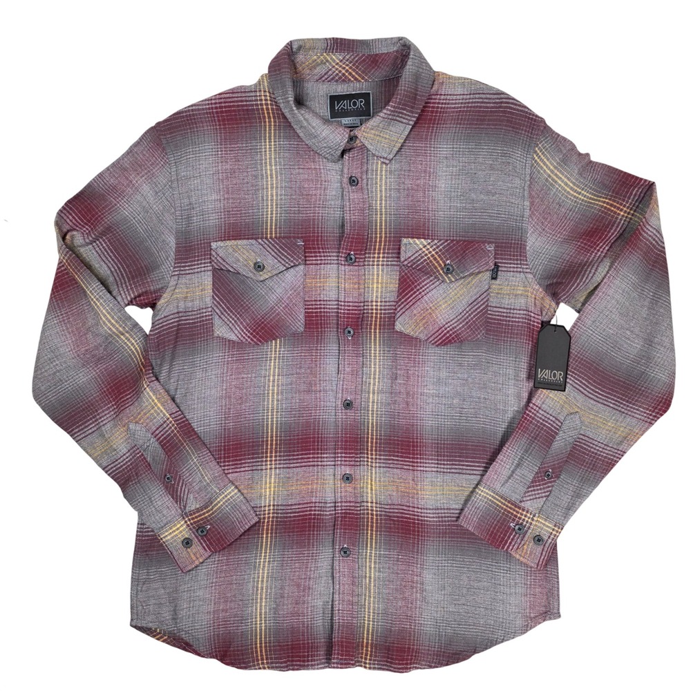 Valor Collective Plaid Flannel Button Down Herringbone L Grey NEW Outdoor Grunge